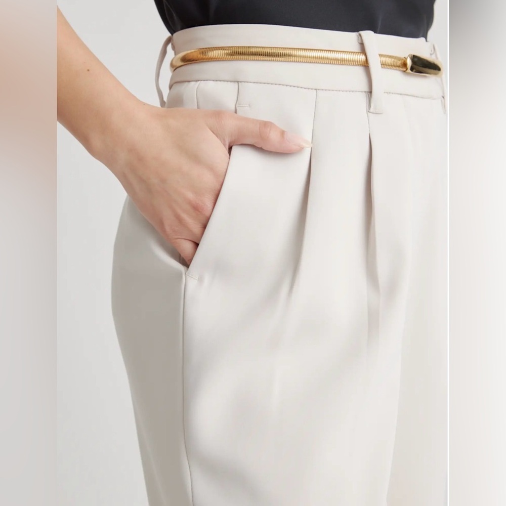 Quince Stretch Crepe Pleated Wide Leg Pant in Sand Tall Inseam Size 8 - Picture 13 of 14